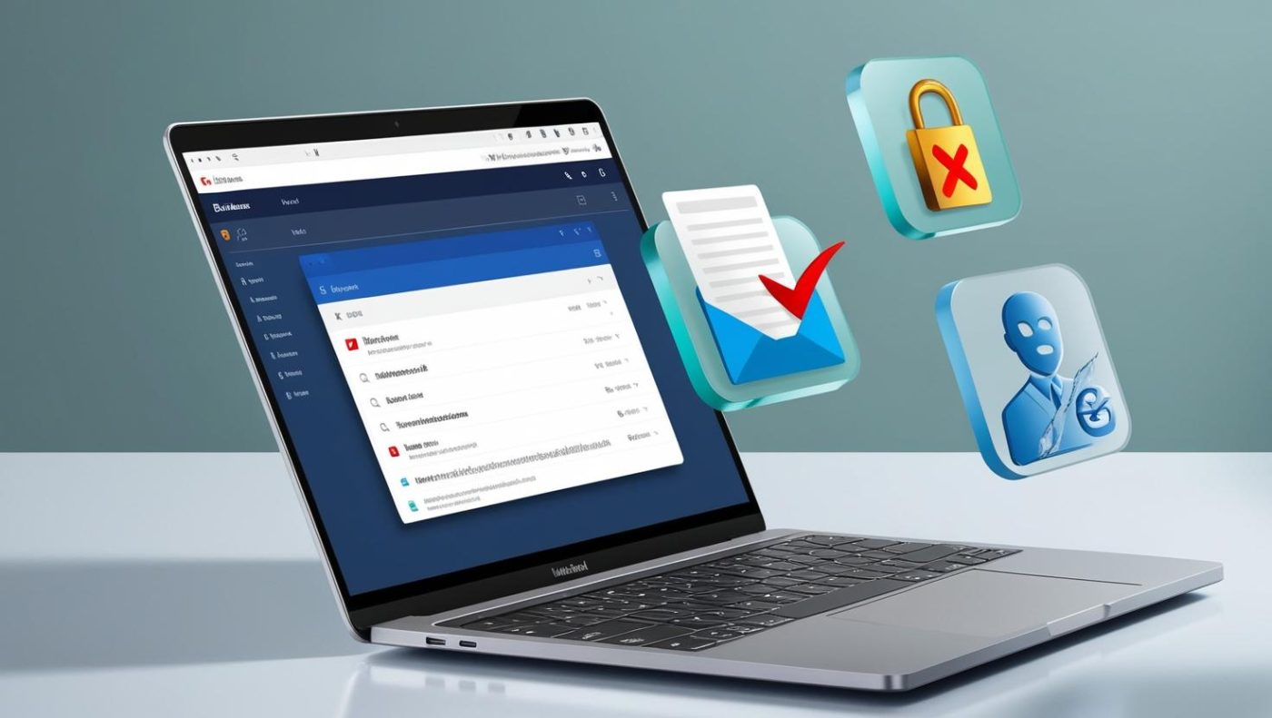 Business email interface screenshot with threat icons hovering nearby (representing potential phishing or spoofing).